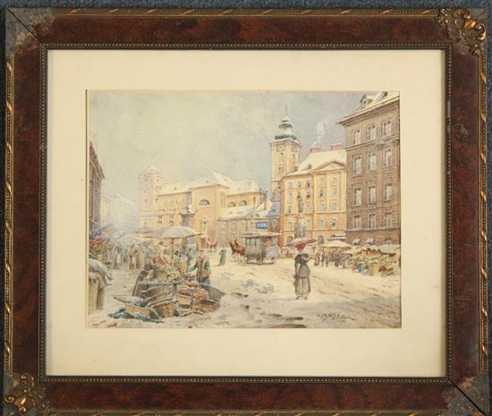 Carl Wenzel Zajicek (1860-1923) Market scene in winter on the Freyung in Vienna, 5.5 x 7.5in.